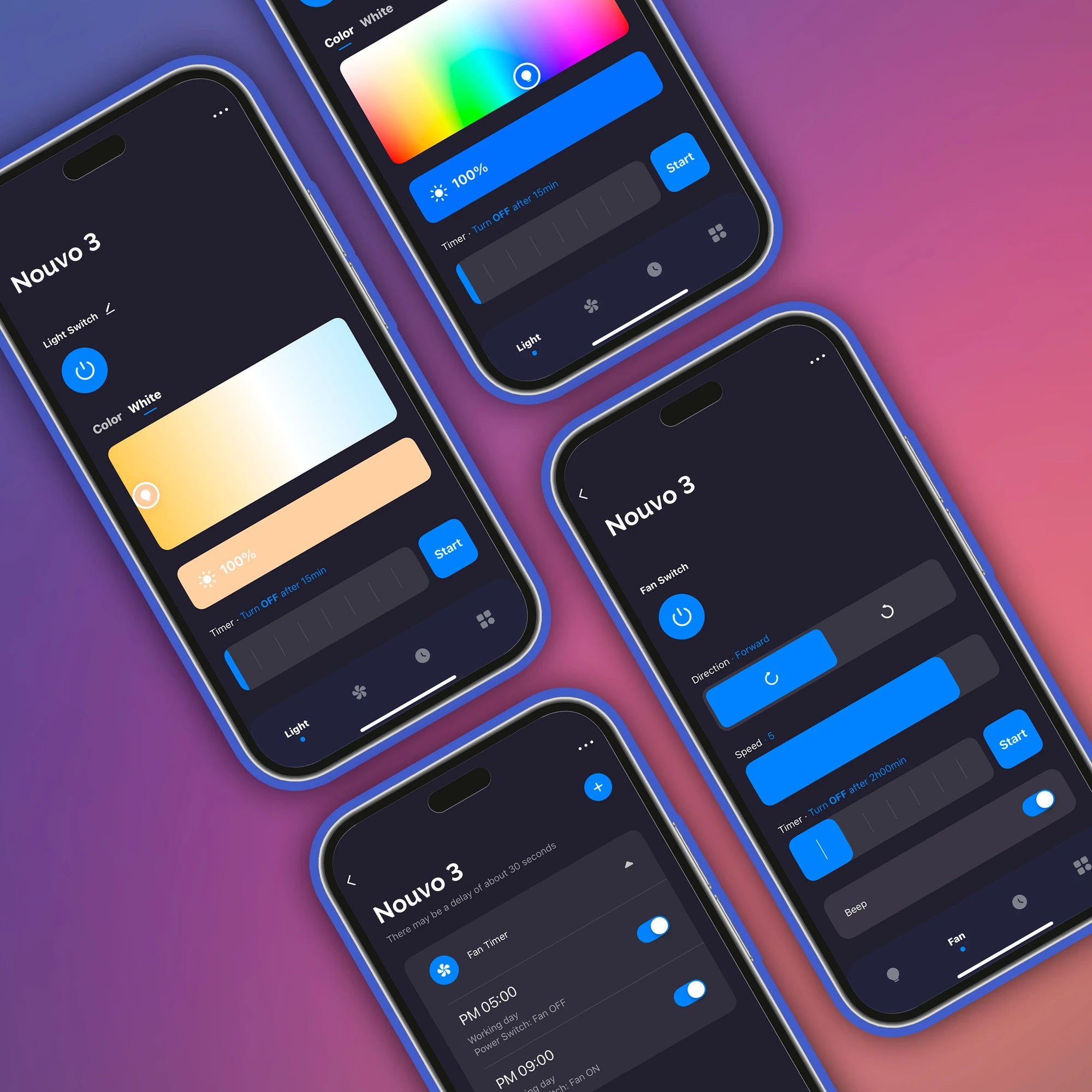 Multiple phone screens showing Atomi Smart app UI features for the Nouvo³ fan, including lighting, color, speed, and scheduling controls